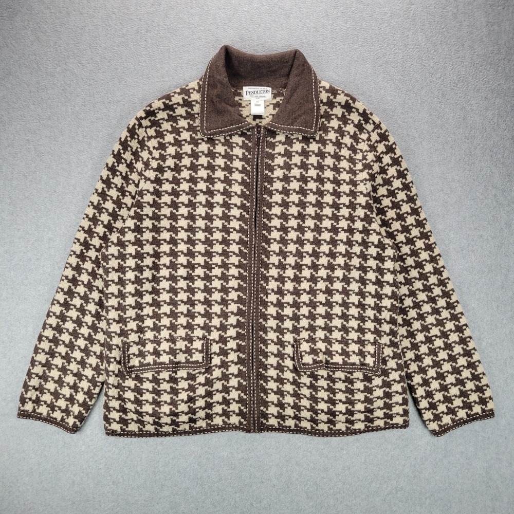 Pendleton Zip‎ Cardigan Womens 1X Brown Houndstooth Merino Wool Blend Jacket
